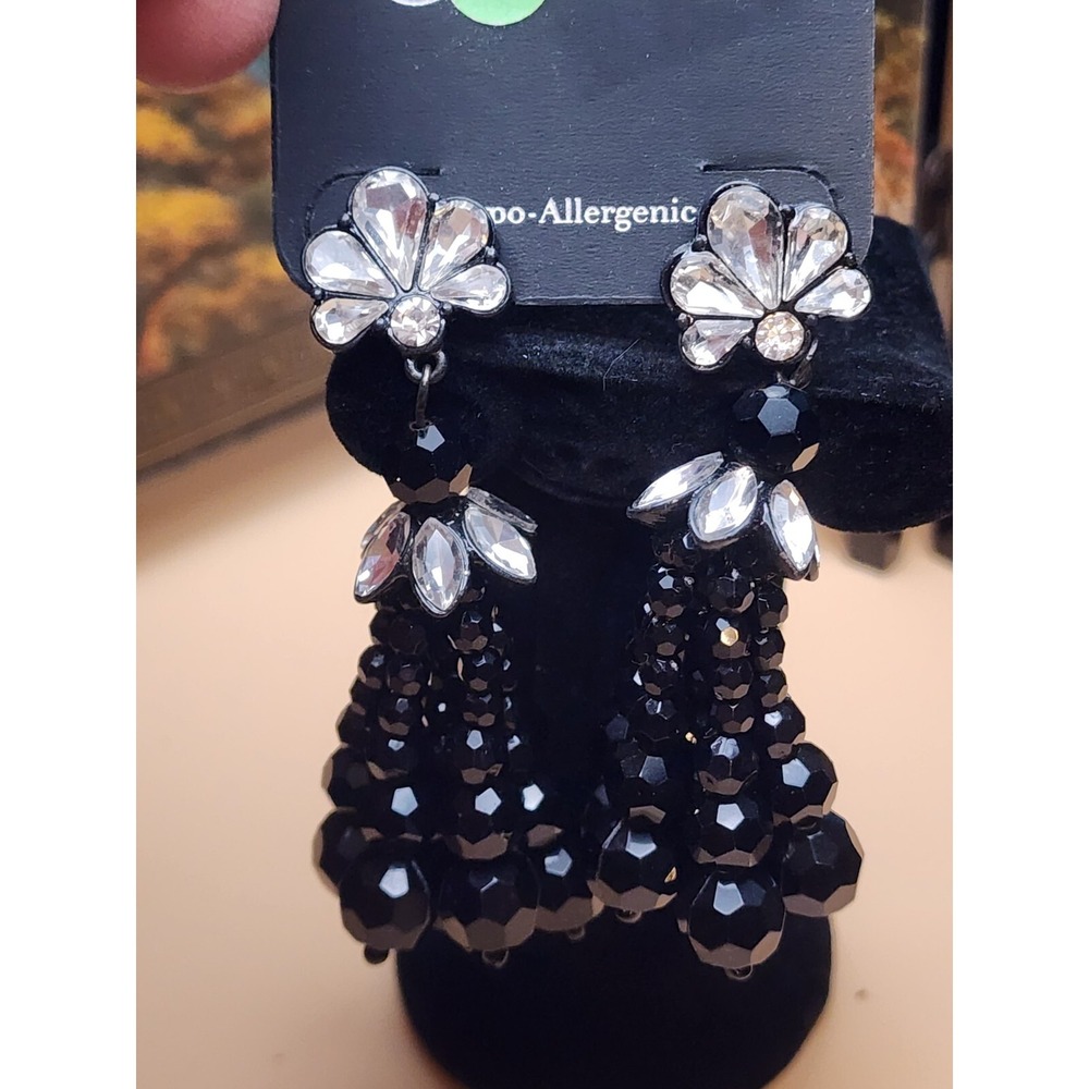 CHARMING CHARLIE RSVP Earrings Silver & Black Rhinestone Dangle FREE $HIPPING!!